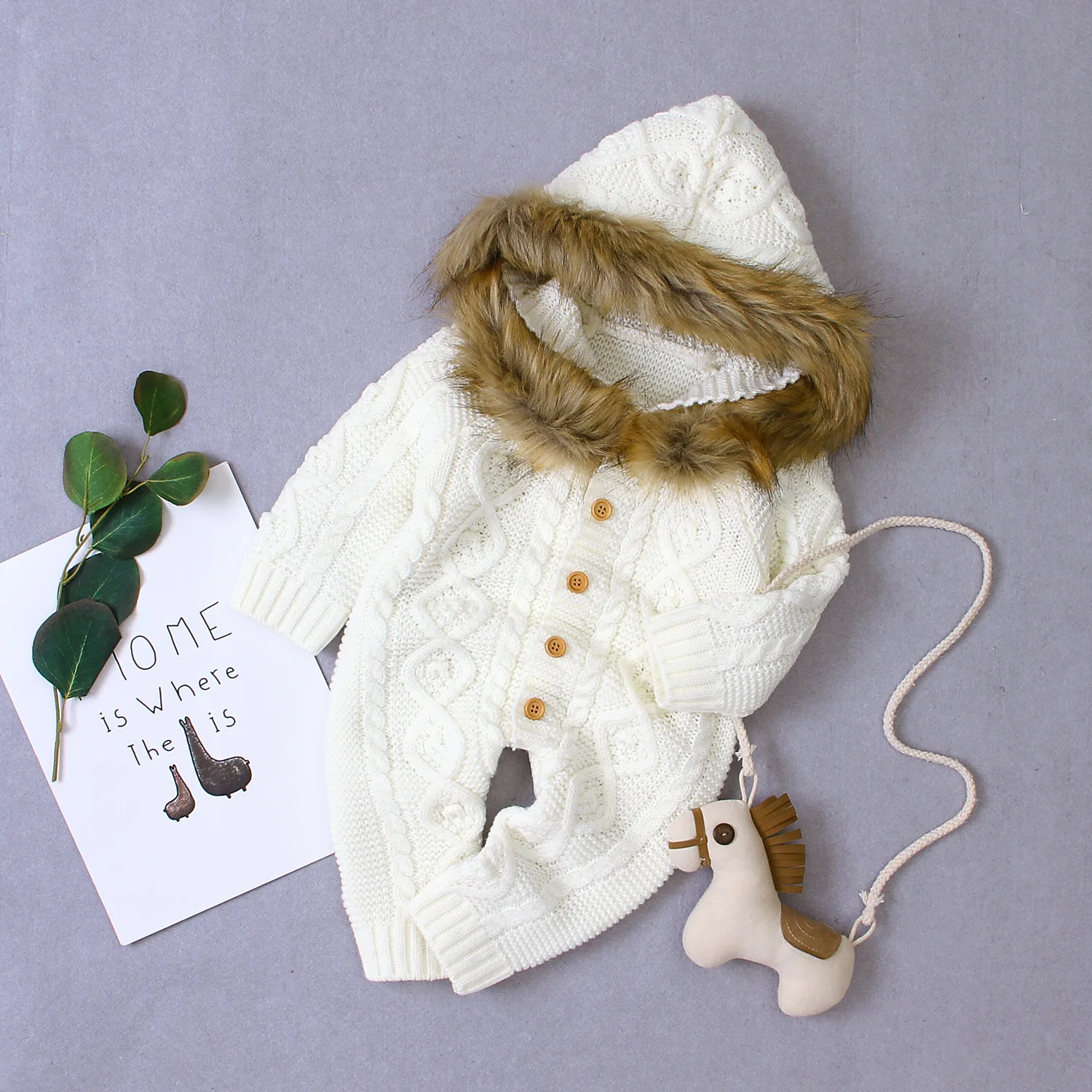 Baby Fur Collar Knitted Hooded Romper Jumpsuit Outfits Infant Long Sleeve Sweater Autumn Winter Newborn Christmas Costume