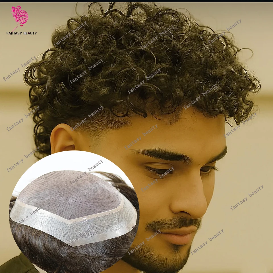 الأفرو 18 مللي متر/15 مللي متر مجعد الرجال الشعر المستعار غير قابل للاكتشاف بولي System نظام الأوروبي الشعر البشري الاصطناعي خط المواجهة الطبيعية سوبر دائم غرامة أحادية #1