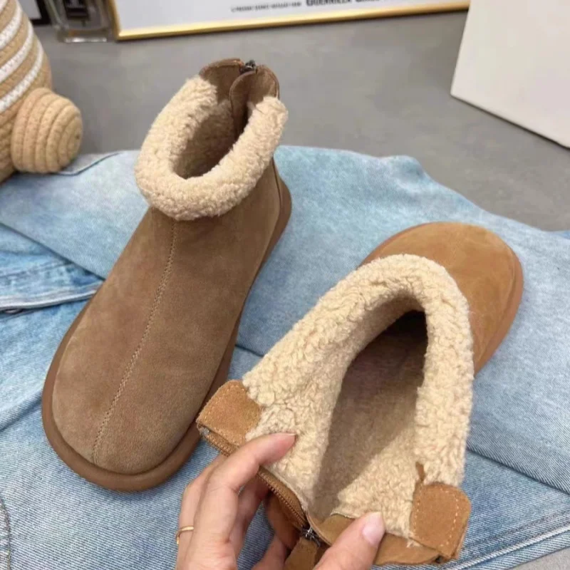Winter  Cotton Boots Chunky  Brown PU Leather Short Boots Plush Warm Fashion Simple Design  Ankle Boot