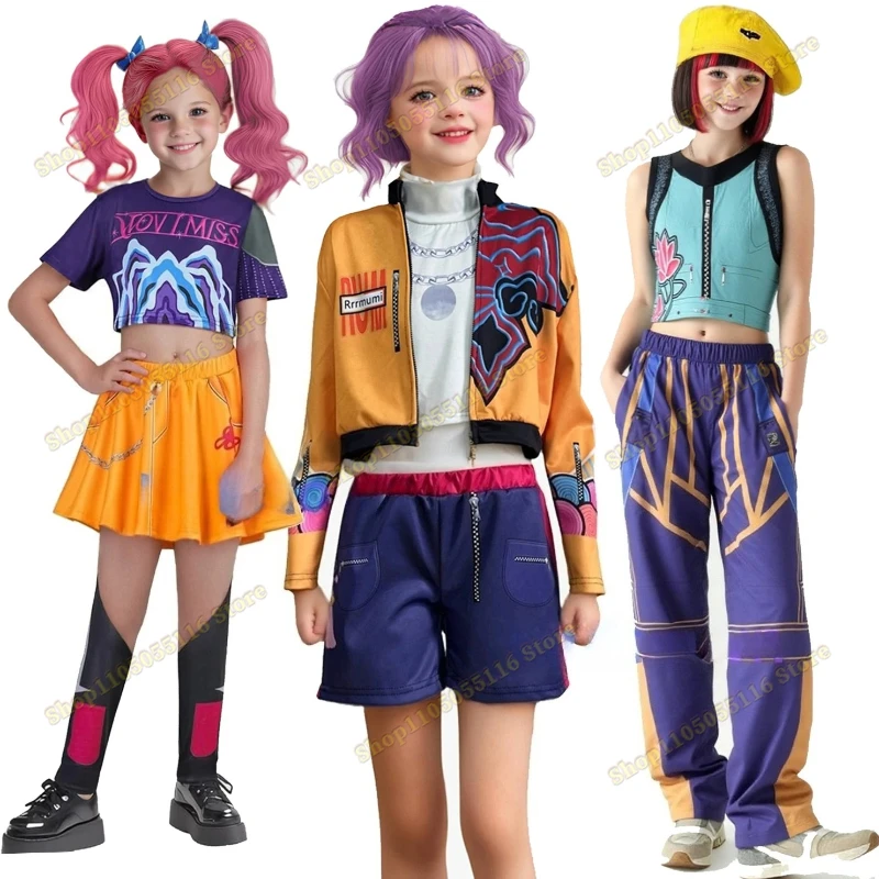

Kids Kpop Demon Hunters Rumi Zoey Mira Cosplay Huntrix Costume For Girls Children Clothes Group Idol Roleplay Halloween Suit