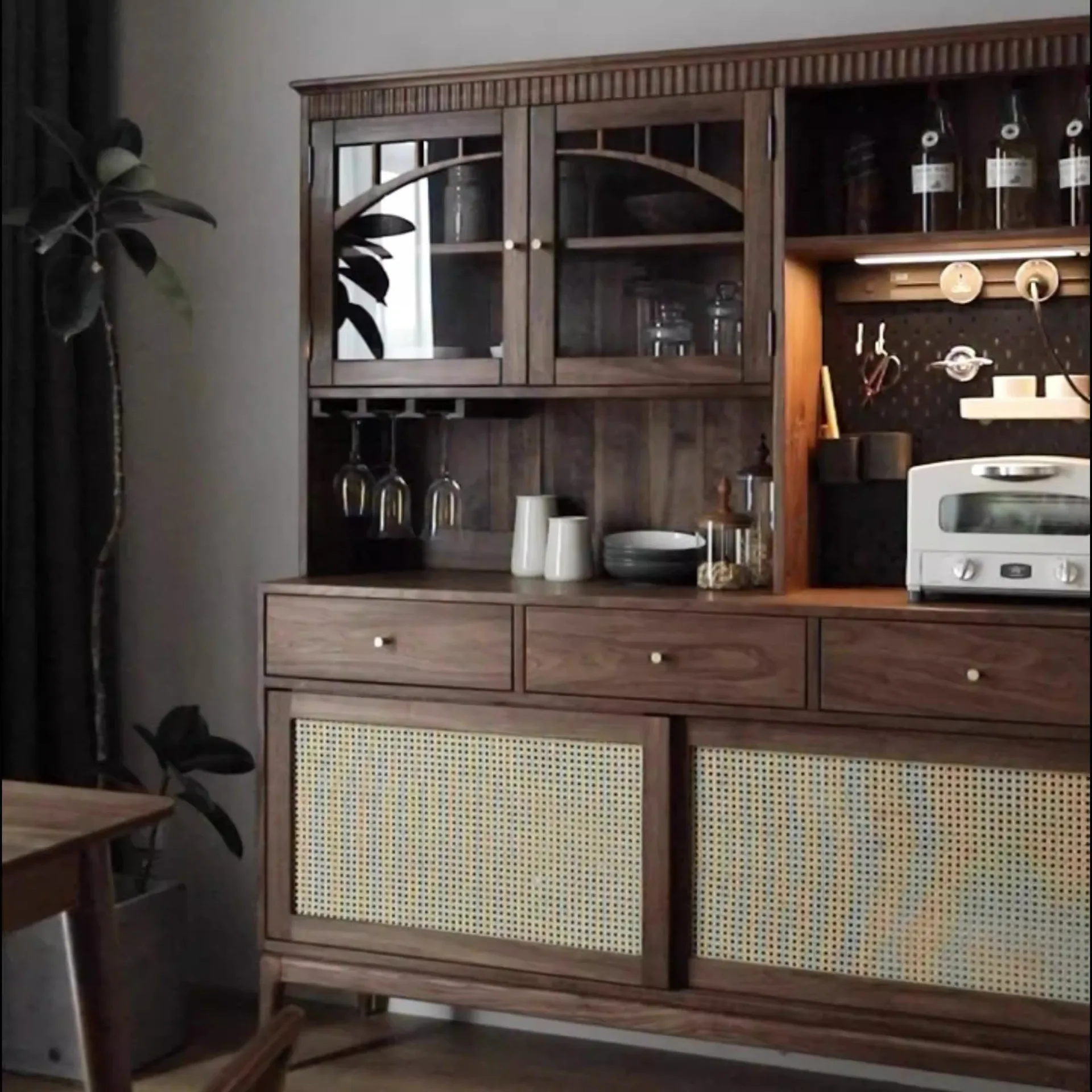 Side Cabinet Black Walnut Wine Cabinet Tea Cabinet Locker Cupboard Solid Wood Household Wall Americ