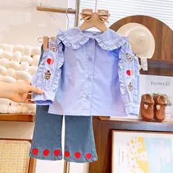 Spring New Girls' Clothing Set Autumn Folded Edge Flip Collar Long sleeved Cute Shirt+Love Embroidered Jeans Fashion Kids Outfit