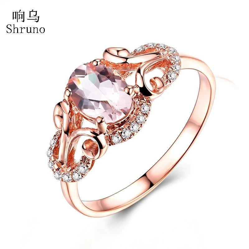 HELON Solid 14K Rose Gold Flawless Oval Cut Natural Morganite Gemstone Ring Real Diamonds Halo Luxurious Engagement Jewelry