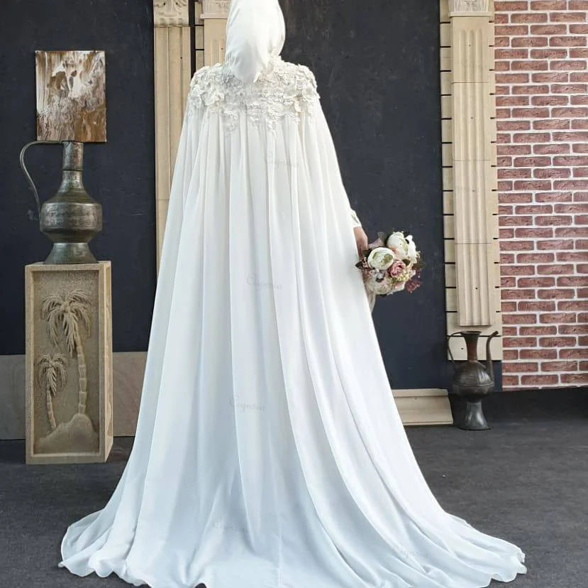 Ciynsia Hijab Vestidos de casamento muçulmanos para a noiva, vestido de noiva islâmico com capa, mangas compridas, pescoço alto Chiffon Abaya, Em estoque