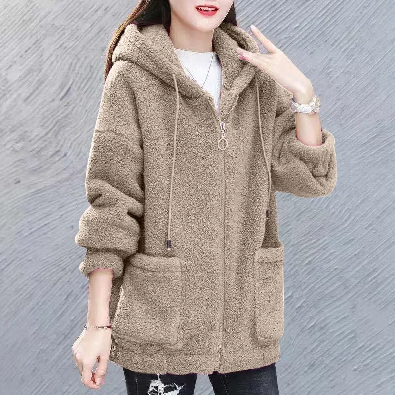 Women Warm Furry Sweatshirts Artificial Lamb Down Solid Colors Thick Hoodies Autumn Winter Big Pocket Zipper Hooded Sweatshirts