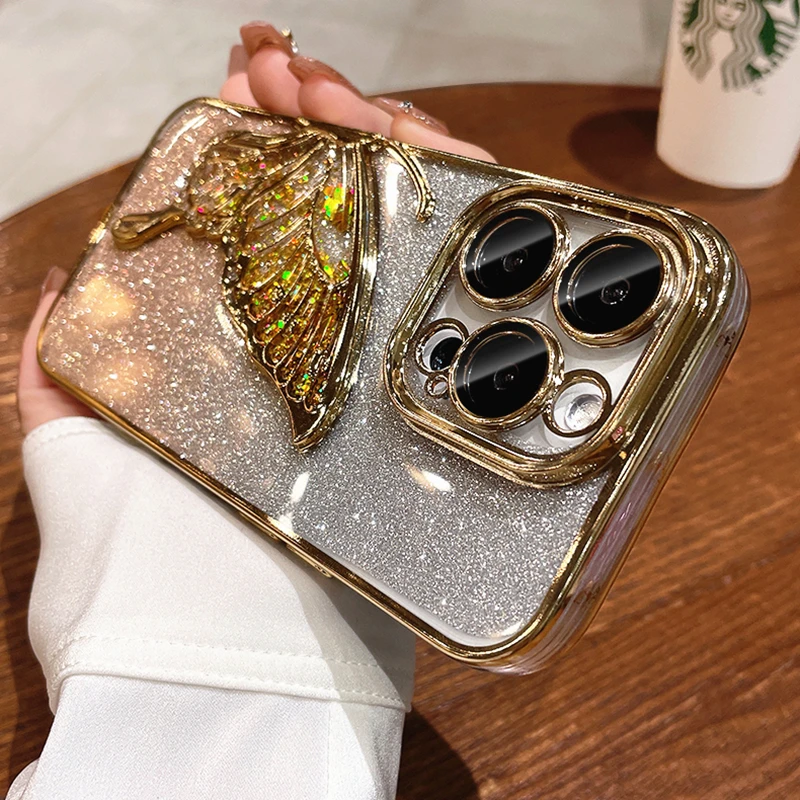 Luxury Quicksand Glitter Butterfly Soft Phone Case For iPhone 11 12 13 14 15 16 Pro Max Camera Protection Shockproof Clear Cover