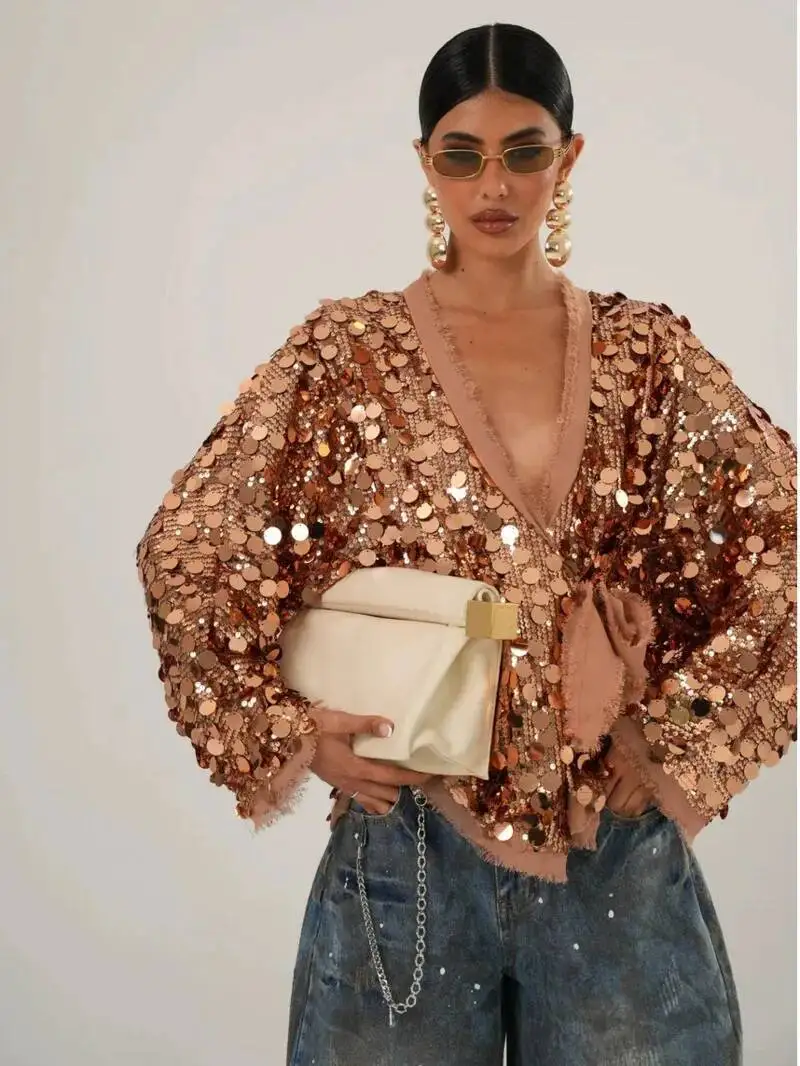 

Пять цветов, элегантная белая лоскутная рубашка на шнуровке с блестками, женская блузка с длинным рукавом и v-образным вырезом, свободные короткие пальто, уличная рубашка