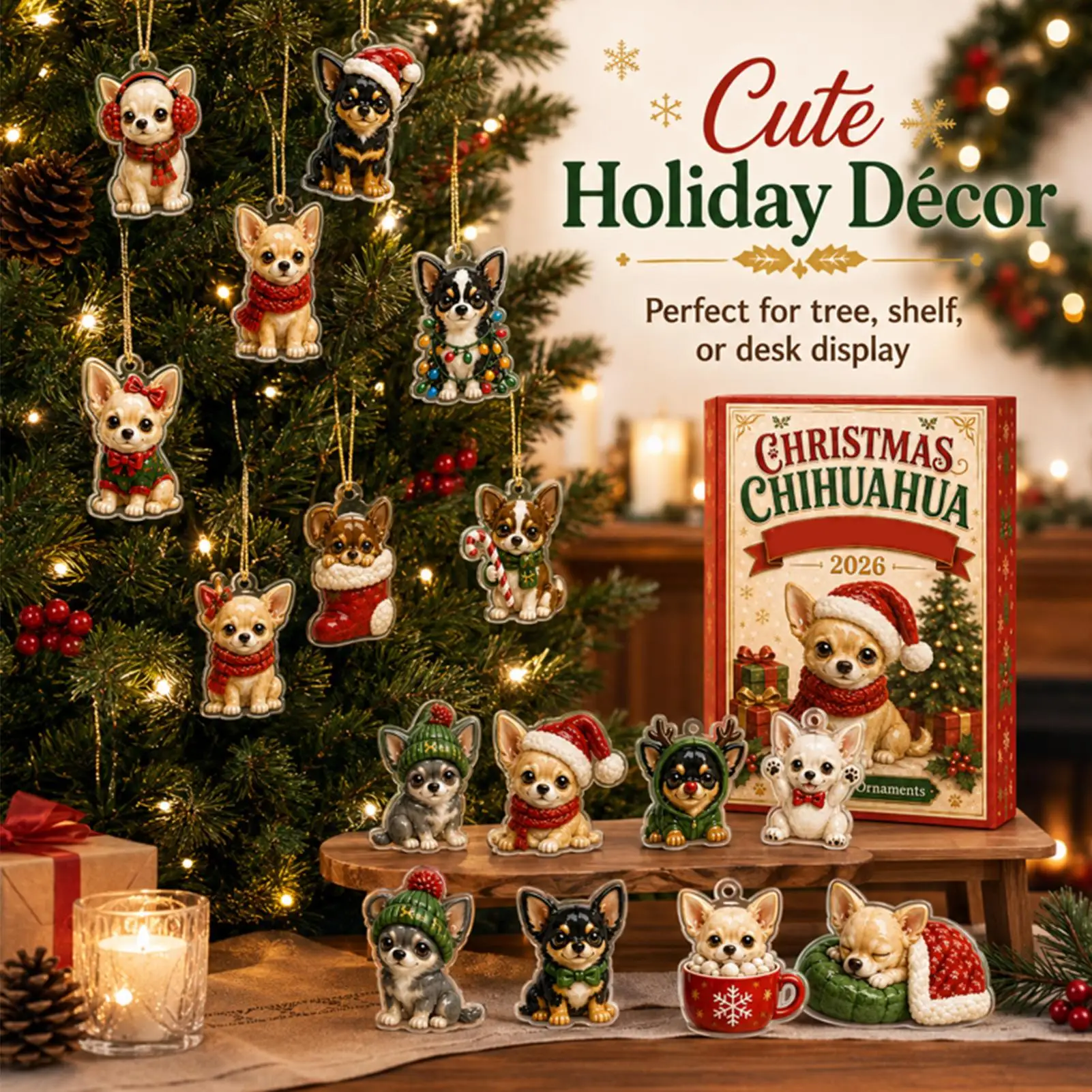 Holiday Countdown 2D Flat Acrylic Chihuahua Pendant Ornament Set 24 Days Christmas Advent Calendar Decoration Gift for Dog Lover