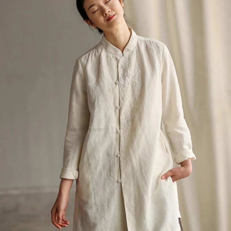 

Cotton Linen Chinese Traditional women's Top Ladies Retro Art Shirt Loose Solid Color Hanfu Comfortable Cheongsam Blouse