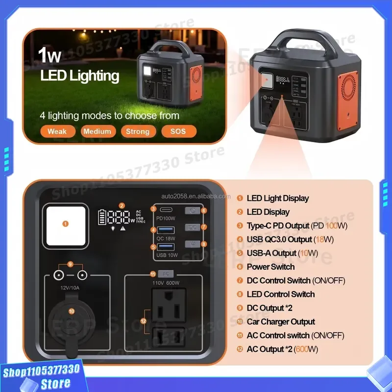 high quality Portable Station 600W LiFePO4 Solar Panel Cigar Lighter LED Flashlight Fast Charging Pure Sine Wave AC/DC/USB