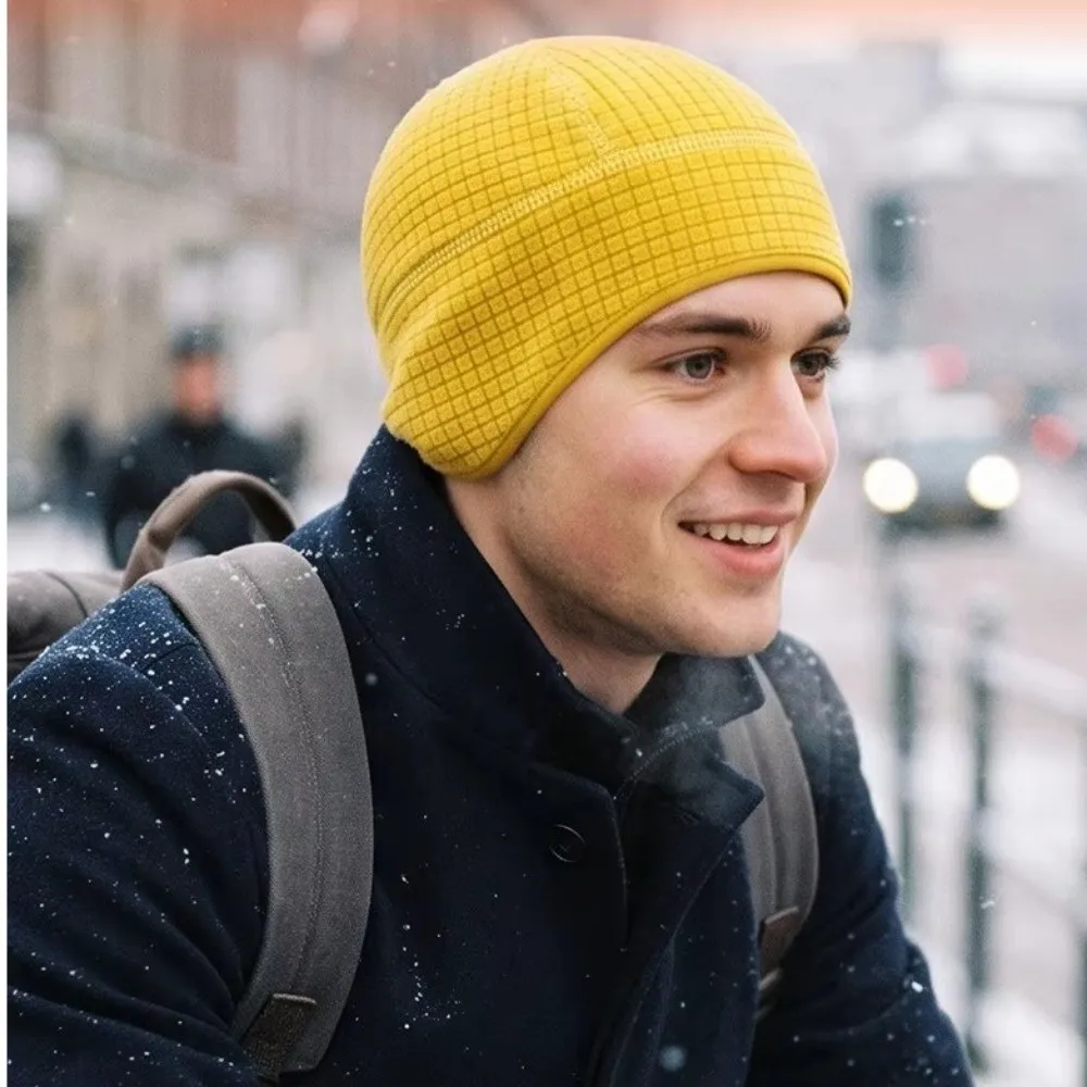 Grid Winter Running Hat Polar Fleece Solid Color Earflap Beanie Sweat Absorption Windproof Running Winter Sport Cap