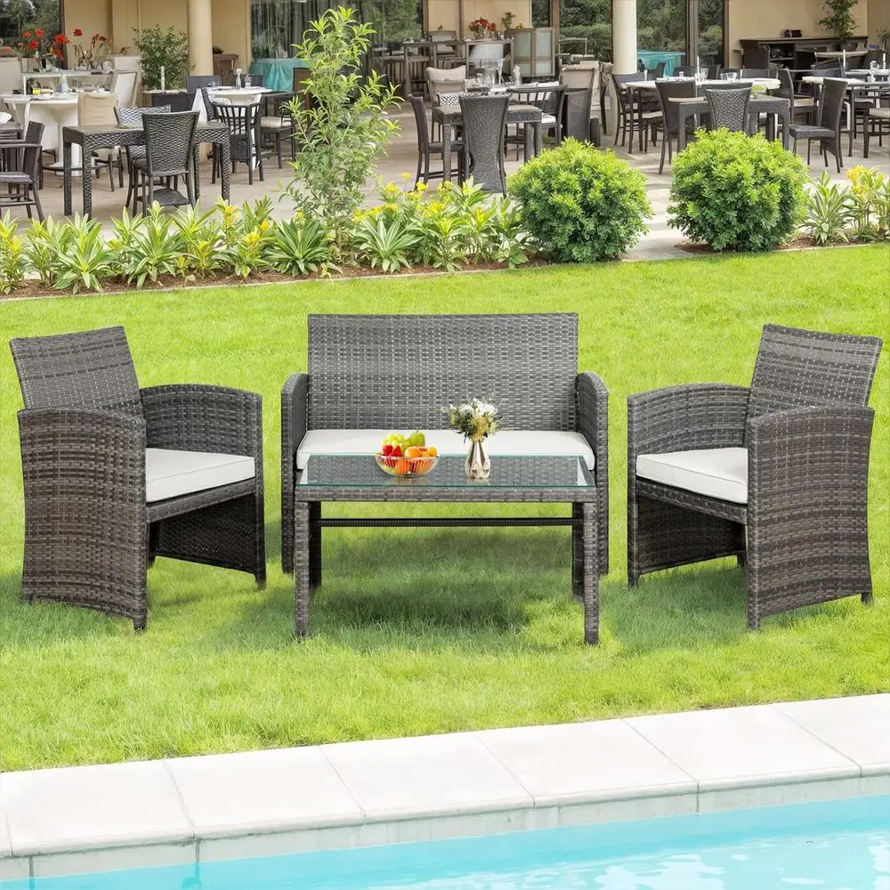 

Gray Rattan Outdoor Patio Furniture Set with Cushions for Backyard, Porch, Garden, and Poolside Use