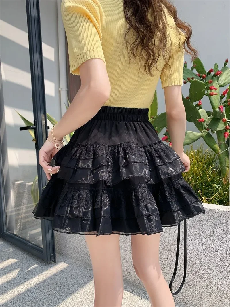 Cake Mesh Pleated Women's Skirt Elasticity High Waist A- Shaped Slim Lace Skirt Lady Summer 2024 New Small Waist Femme Y2k