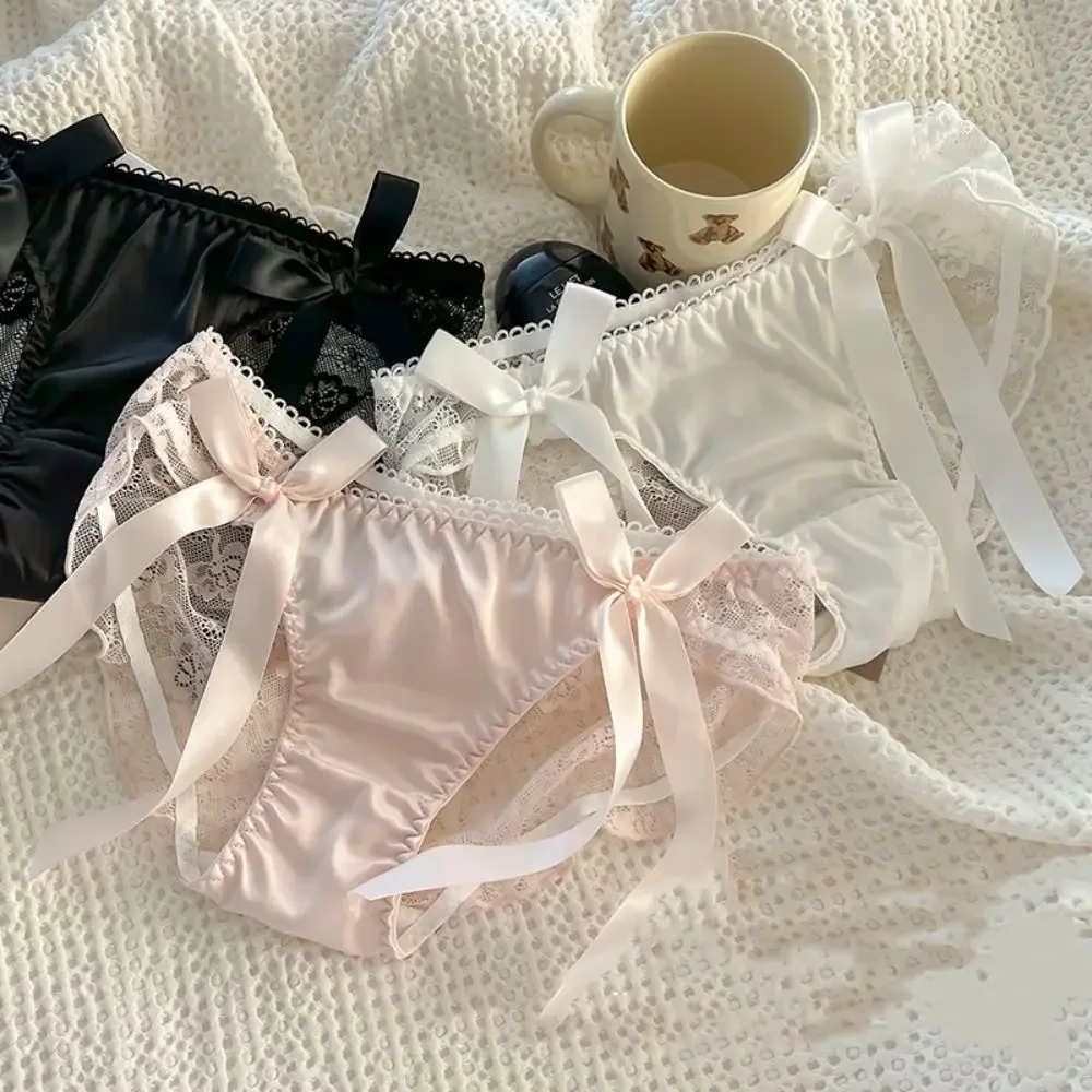 Solid Color Lace Bow Underwear Breathable Hollow Out Female Lingerie Low-Waist Qualit Satin Ruffle Panties Underwear Brief image 2