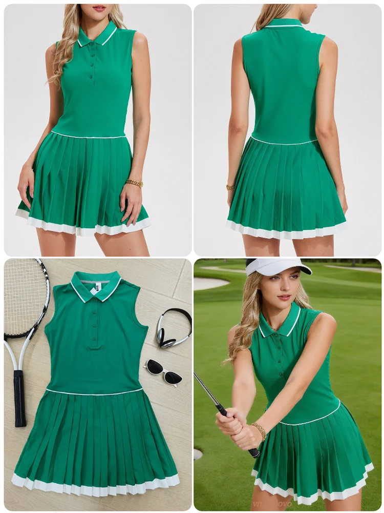 VITALINOVO Damen Mini Flowy Plissee Rüschen Tennis Sportkleid Damen Sommer Polo Golf Kleid Outfits Ohne BH Ohne Eingebaute Shorts – Detail 2