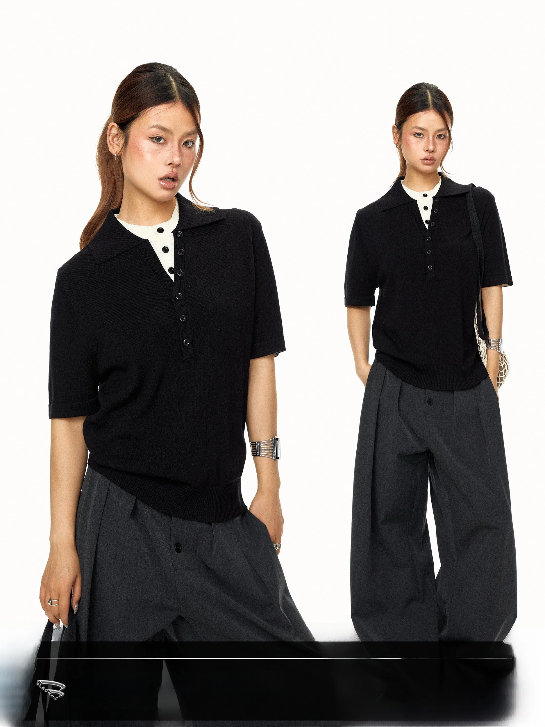 Blackbb Retro Apparels Color Block  Neck Short Sleeve Casual Style Slim Fit T-Shirt with Button Detail for Women