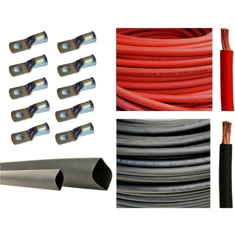 WNI 2/0 AWG 2/0 Gauge 25ft Black + 25ft Red Battery Soldering Pure Copper Ultra Flexible Cable + 5pcs 5/16 Inch