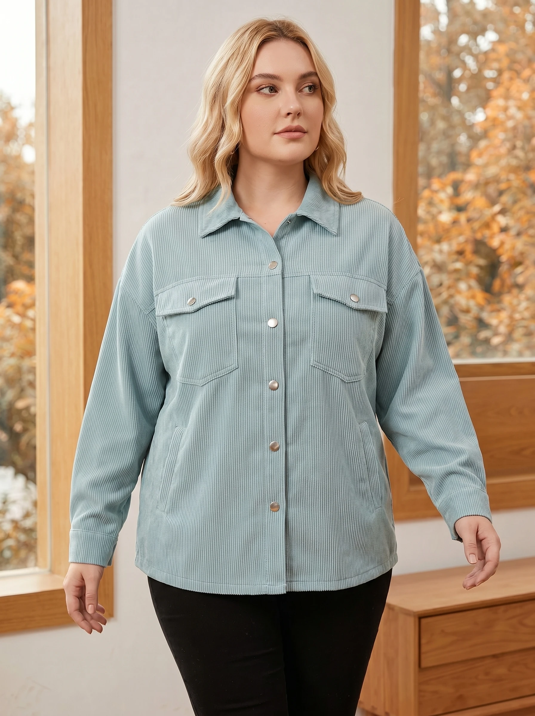 Rosa Fera Plus Size Women Ribbed Jacket Shirt Button Down Pocket Detail Long Sleeve Jacket image 5