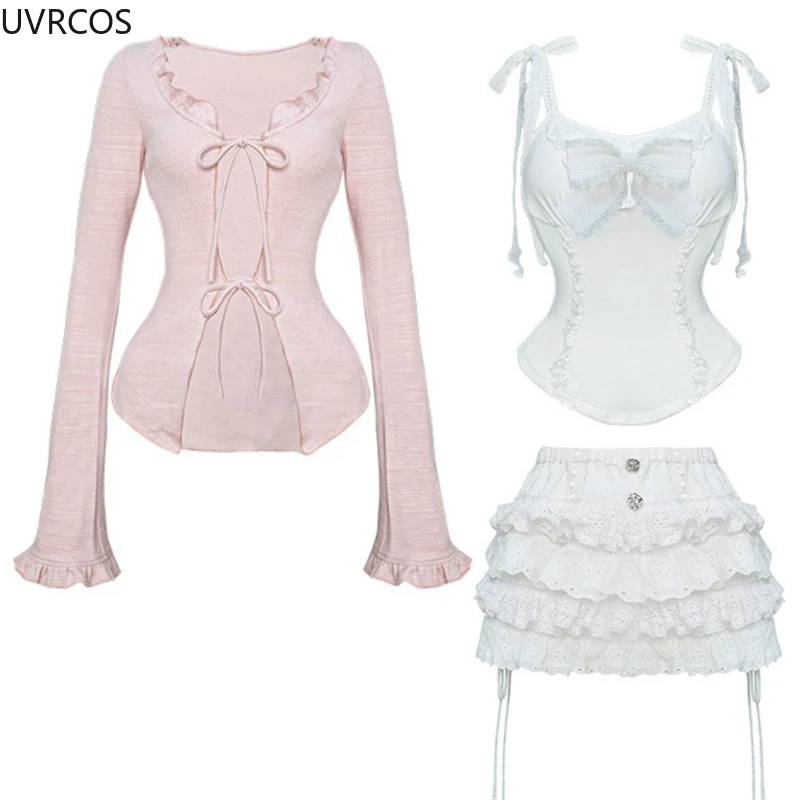 Pink Sweet Lolita Lace Up Ruffles Cardigan+ Sexy Slim Bow Vest Top+ High Waist Kawaii Ruched Skirt Early Autumn Three Piece Sets