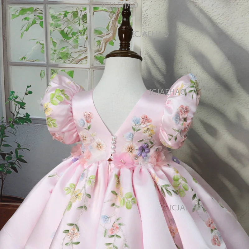 New Handmade Applique Puff Sleeve Princess Dress Girls Gown Pageant Formal Party  Childrens Birthday Celebration Elegant Outfit view 2