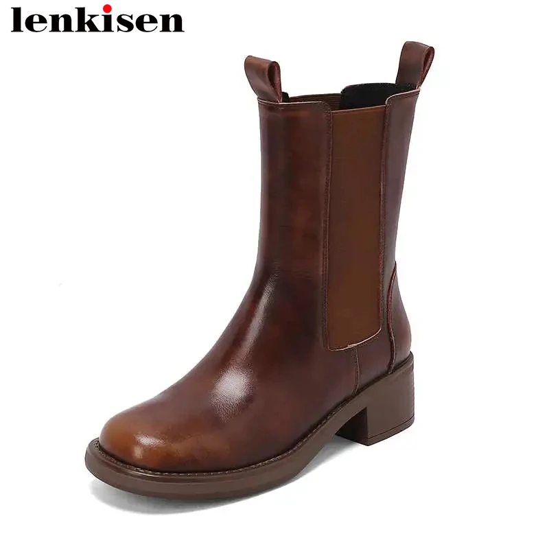 

Lenkisen 2024 Cow Leather Classics Vintage Med Heels Winter Shoes Luxury Chelsea Boots Slip On Street Warm Brand Ins Ankle Boots