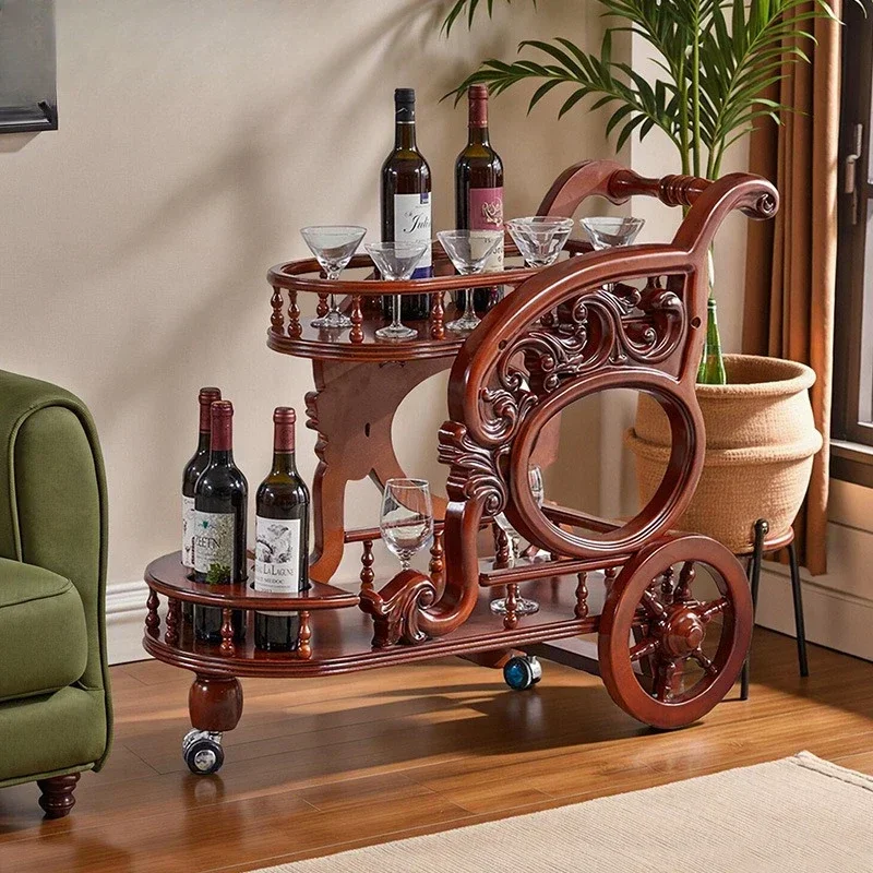 American-style vintage solid wood food cart can be moved with a handcart