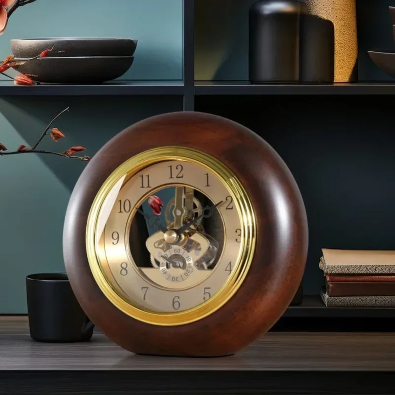 Wooden Retro Desk Clock Round Table Clock Rotating Clocks Decorative Objects Living Room Desktop Clocks Tables Accessories