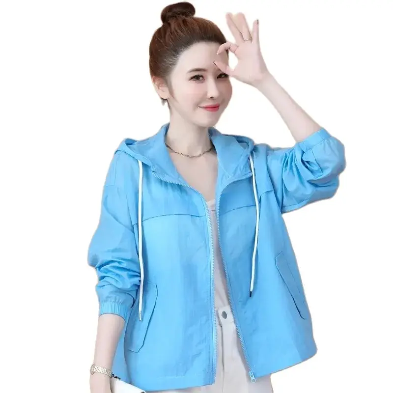 

Women's Summer Jacket Sun Protection Clothing 2023 New Fashion Breathable Woman Hooded Short Loose Thin Top Famale Outerwear