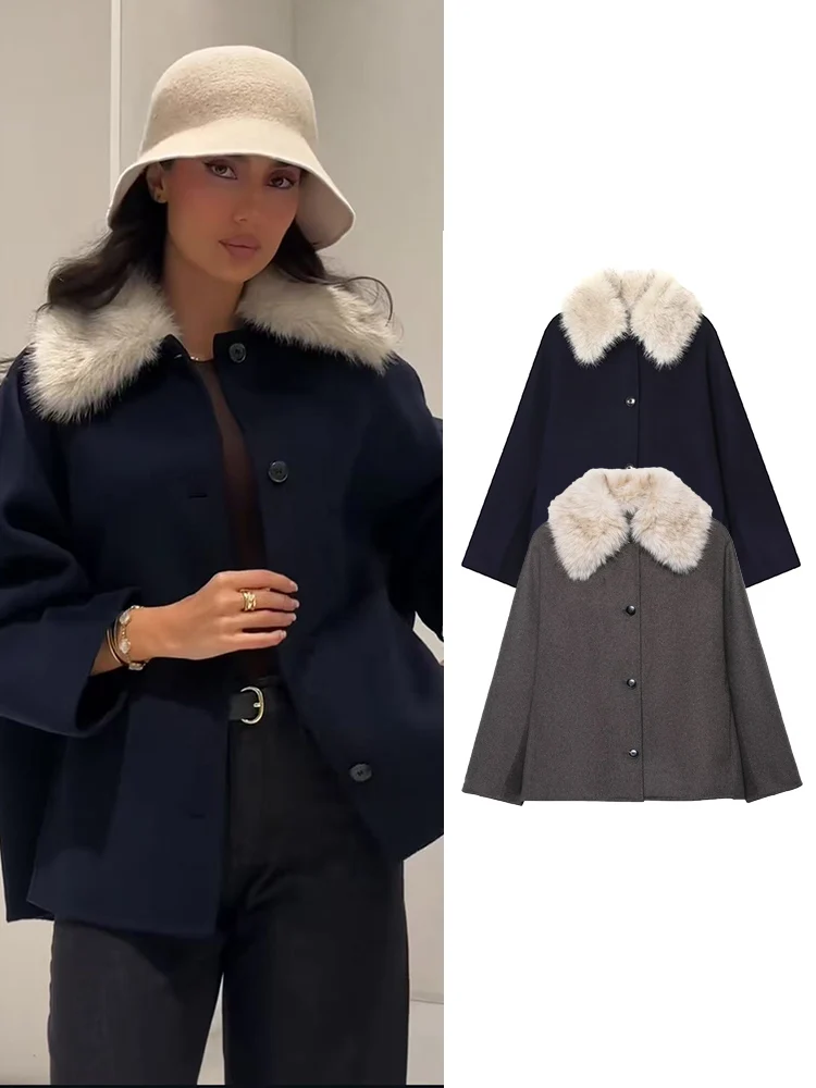 

﻿ TFMLN осень-зима новые женские пальто из смеси шерсти искусственный мех воротник с длинным рукавом свободные пальто женские однотонные элегантные куртки