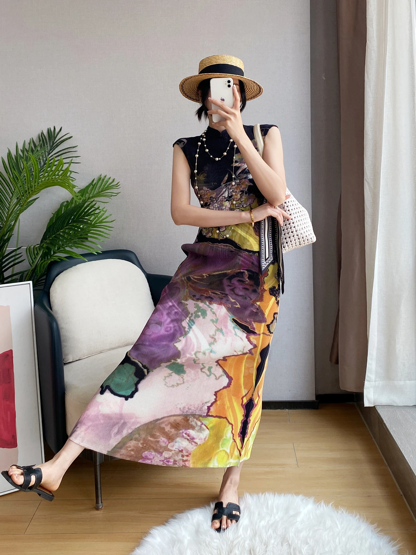

Elegant Pleated Sleeveless Floral Print Dress Women's Waist Cinched Fish Tail Skirt High End Sensation San Ze