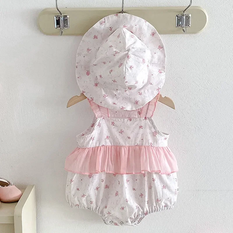 2025 New Summer Toddler Baby Girls Jumpsuit Sleeveless Cotton Print Newborn Baby Girls Romper+Hat 0-24M Children Clothes