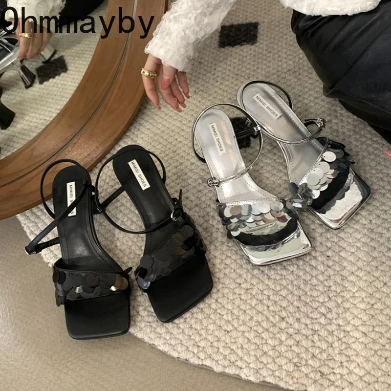 

2025 Summer Sequin Women Sandals Fashion Elegant Open Toe Ankle Strap Shoes Ladies Outdoor Dress Thick Heel Sandalias