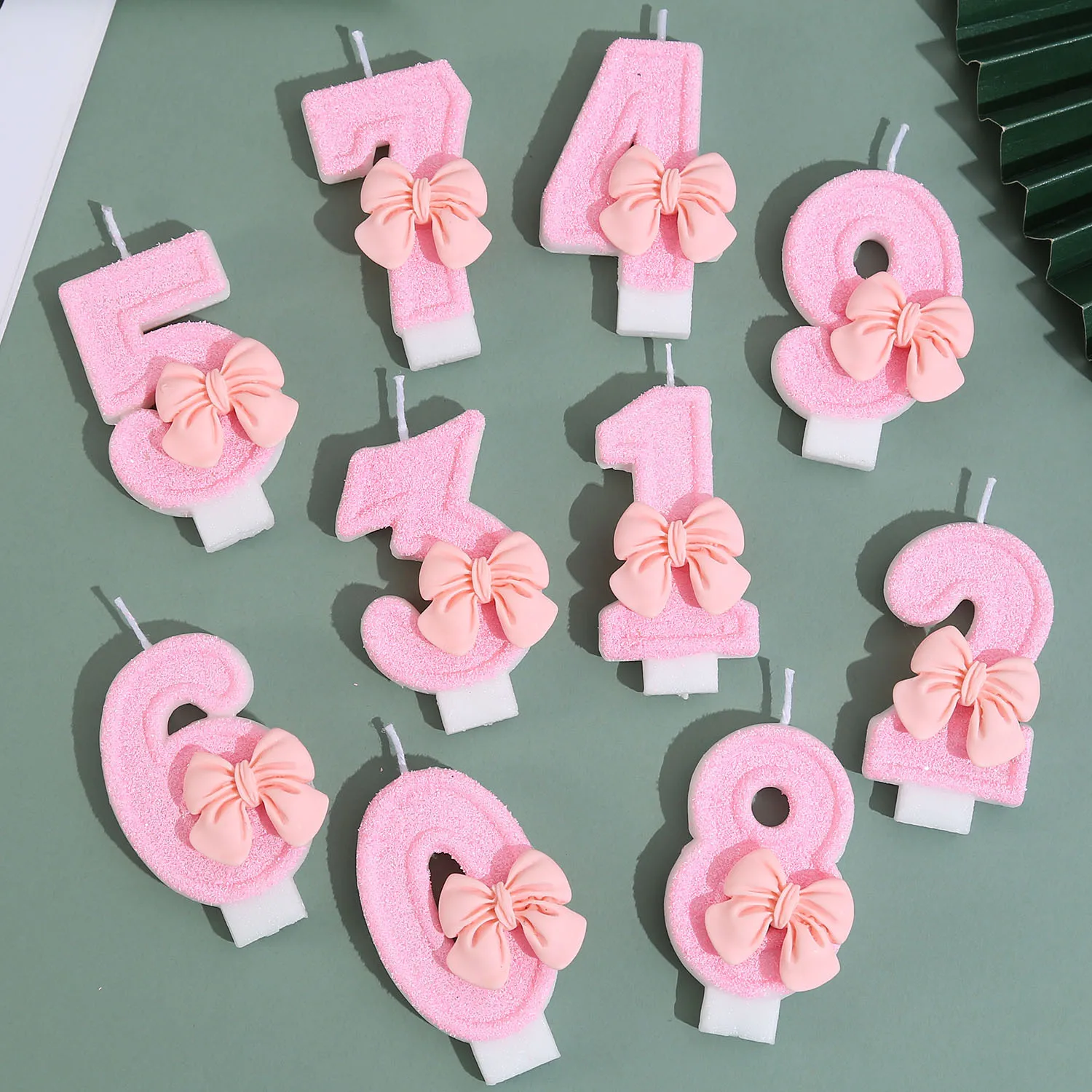 Peach powder exfoliating shimmering bow number candle, party gift, birthday and anniversary party candle