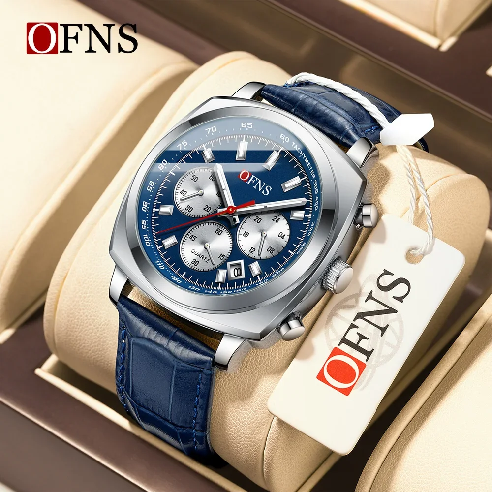 

OFNS 1601 Fashion Men's Quartz Watch Square Three Eyes Six Needle Timing Multi functional Waterproof Calendar Quartz Men's Watch