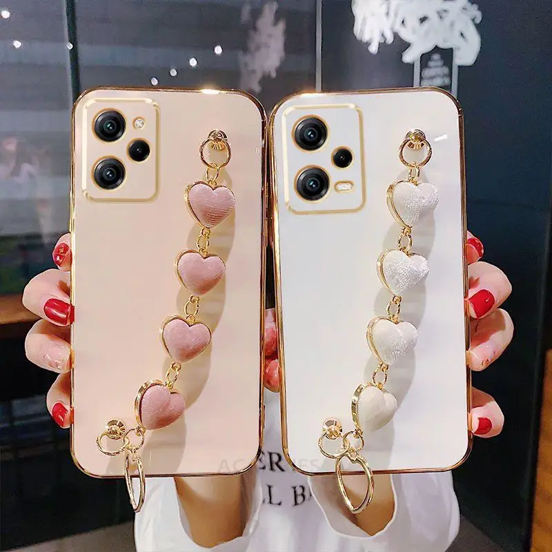 Pocox5 Love Heart Bracelet Case On For Xiaomi Mi Poco X5 Pro X4 X4pro 5g X5pro X3 M4 M5 F4 Gt F3 M3 Chain Plating Silicone Cover