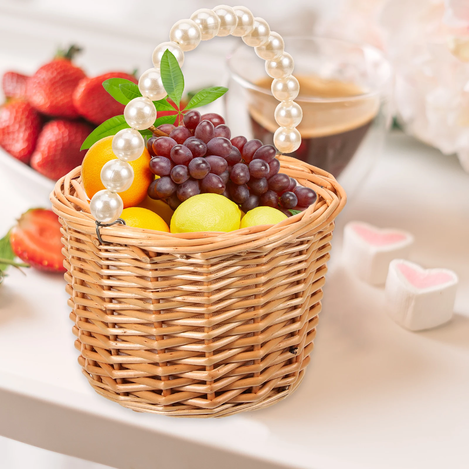 

Sturdy Handwoven Wicker Basket Small Size Pearl Decor Flower Gift Storage Wedding Flower Girl Basket With Handle Woven Wicker