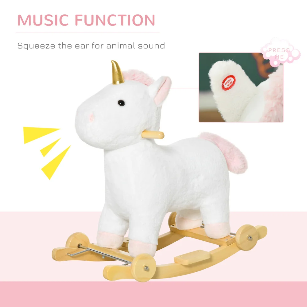 Rocking Horse, 2 in 1 Kids Ride on Horse, Rolling Unicorn Animal Rocker with Sound, Wooden Base, Pedal, Grip Handle