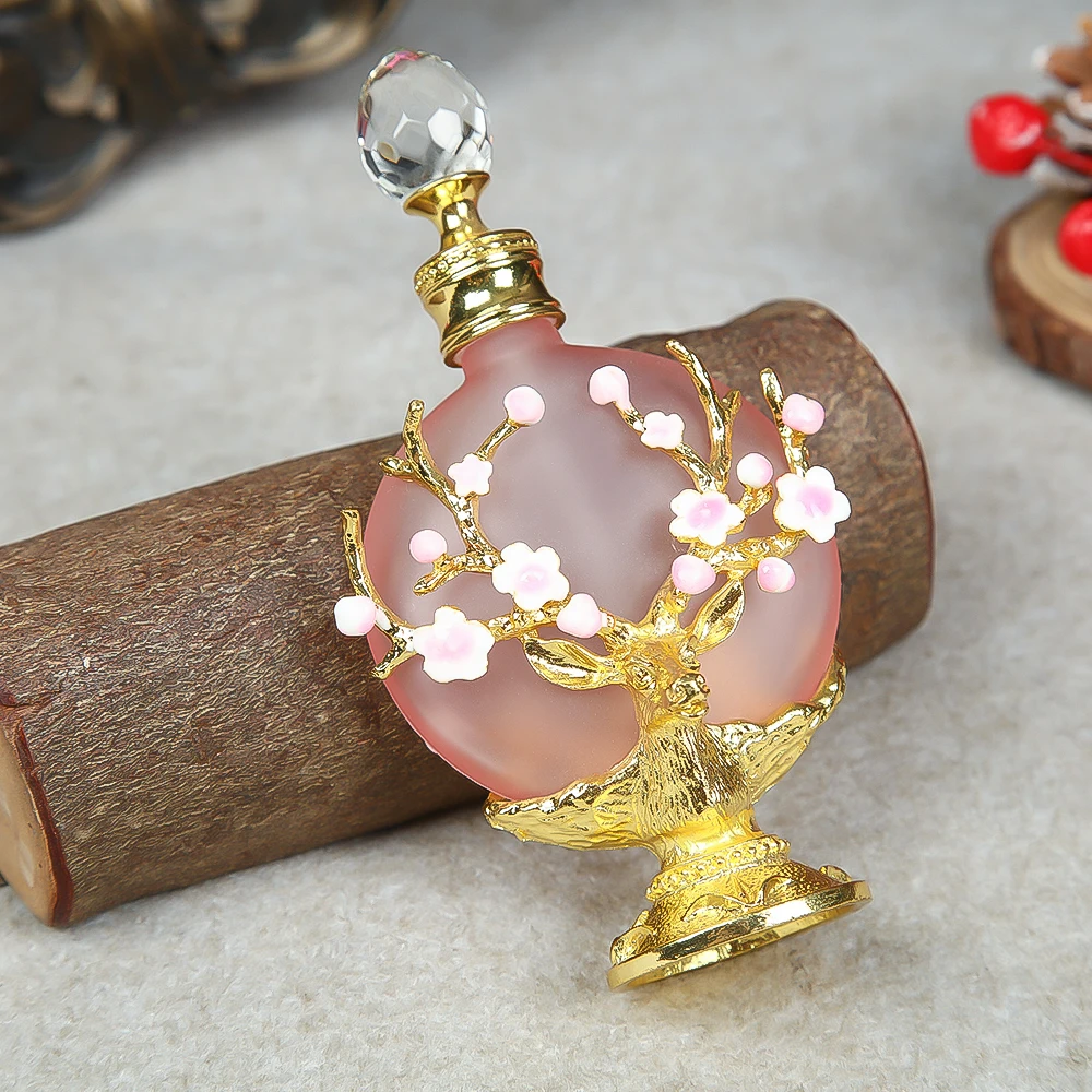 Vintage Decoration Bottle 30ML/1oz Pink Glass Enamel Antlers Plum Blossom Branch Clear Crystal Cap Aromatherapy Perfume Ornament