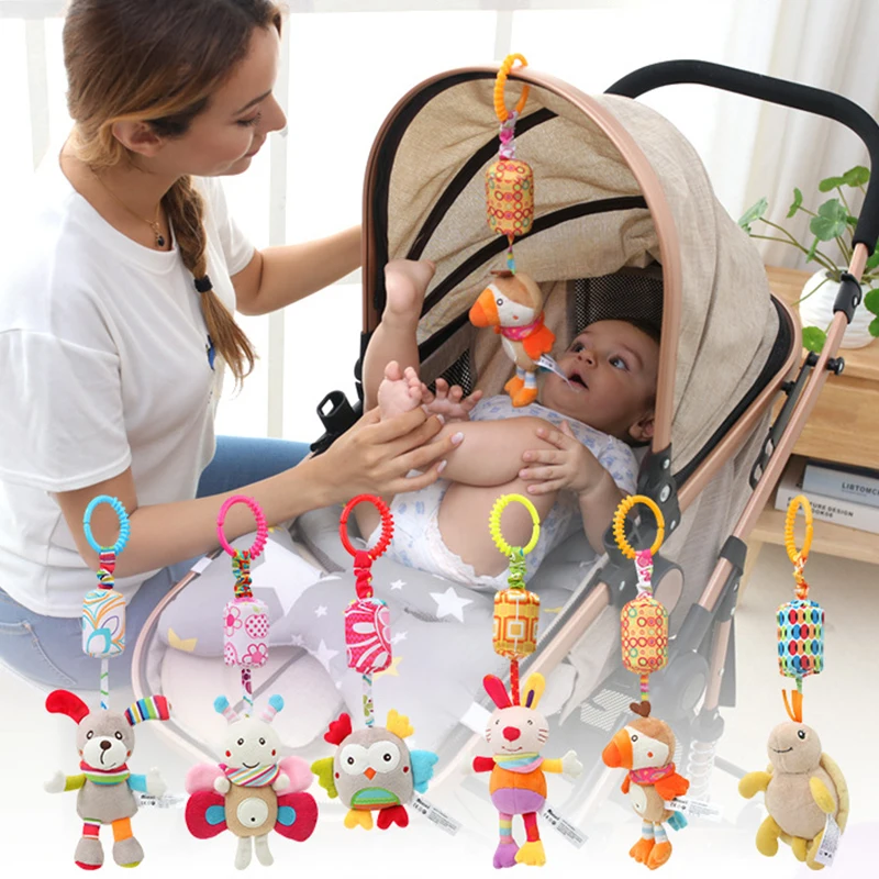 Sonajero colgante para bebé, juguete sensorial de aprendizaje suave, Animal de dibujos animados, cama de peluche, campana, juguete de desarrollo infantil, mango de juguete de 0 a 24 meses