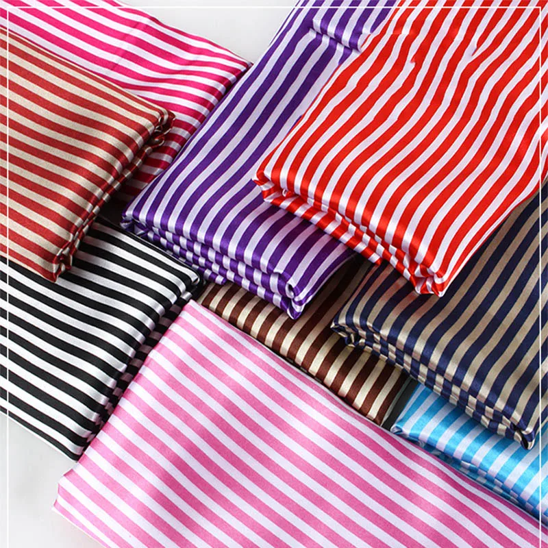 Printed Satin Fabric By The Meter for Wedding Decorate Gift Box Sewing Striped Fashion Classic Thin Drape Luster Soft Cloth Blue