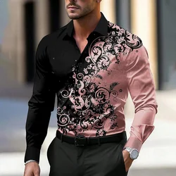 Men's Gradient Splicing Printed Shirt, Business Casual Shirt, Long Sleeve Collar, Luxury Fashion, Social Party, New, 2024