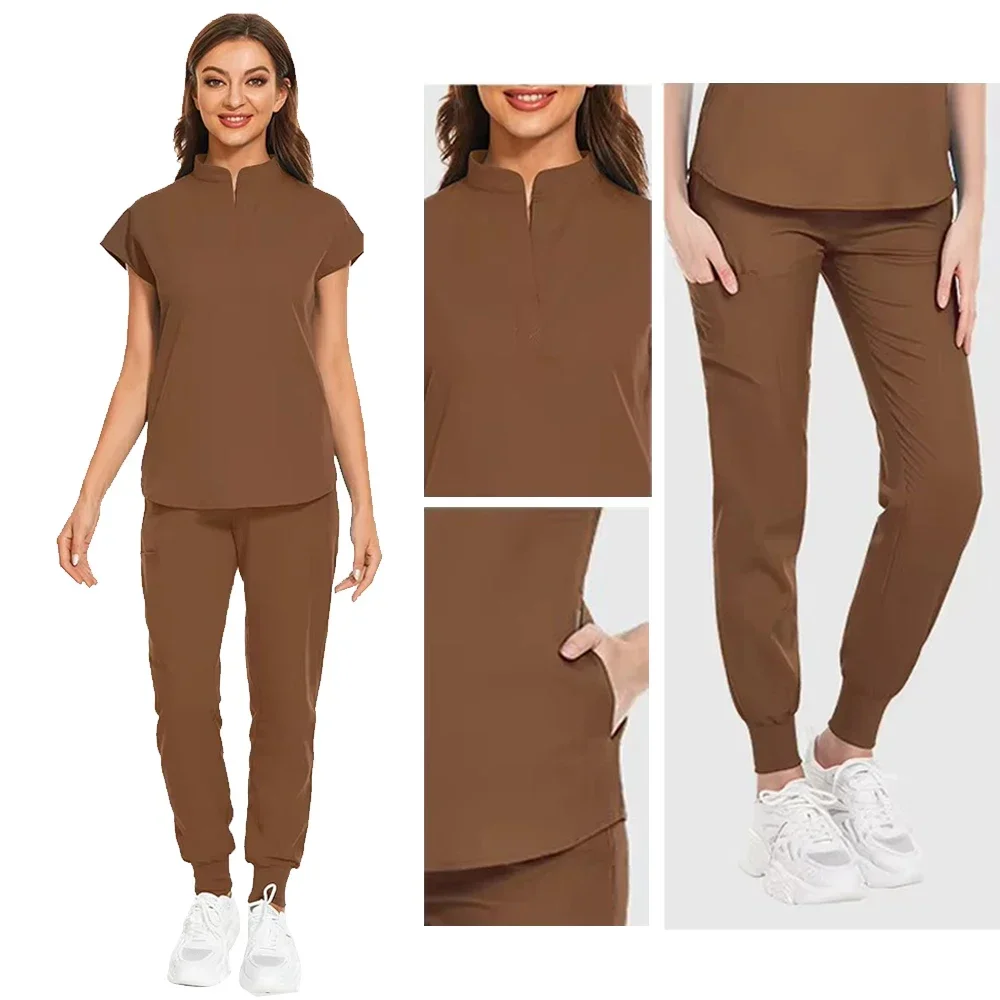 زي صالون التجميل المرن القابل للتنفس من الألياف اللدنة للممرضات إكسسوارات عصرية بقصة ضيقة ملابس صيفية للمختبر ملابس فرك للنساء