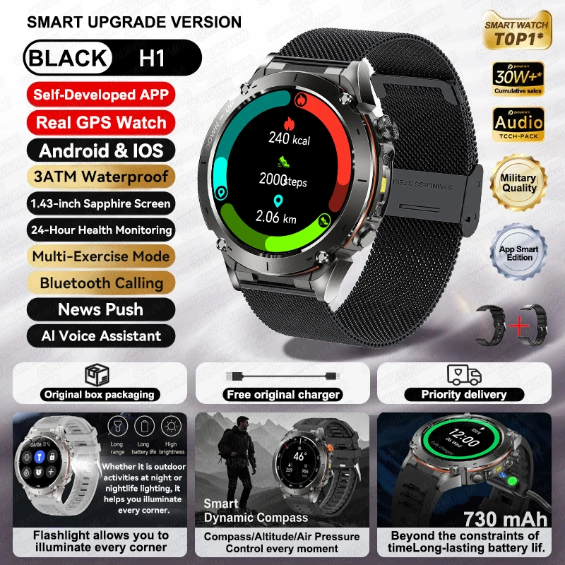 GUHUAVMI 2026 Neue GPS-Smartwatches, 10 ATM wasserdicht, integrierter Dualband-GNSS-Kompass, Militär, Sport, Herren, SWIM-Smartwatch für Android IOS 8