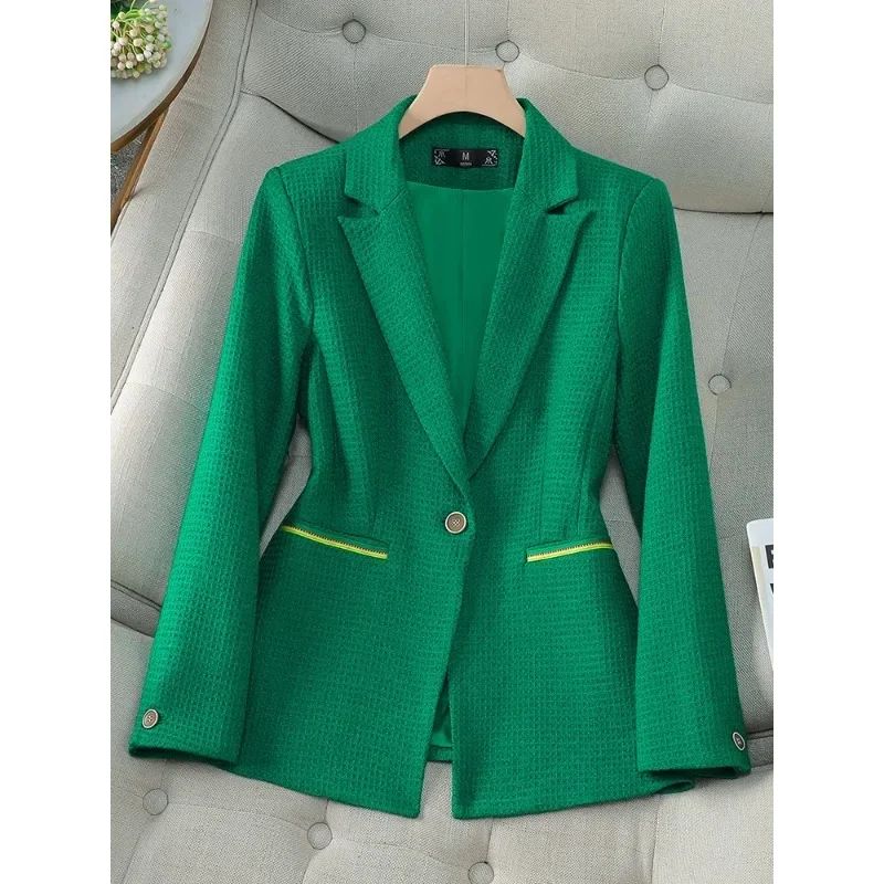 Blazer Formal wanita, jaket mantel kerja bisnis berkancing tunggal lengan panjang untuk musim gugur dan dingin, Hijau Oranye