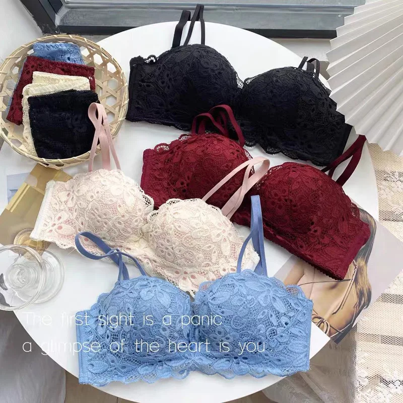 2024 New Japanese Lace Female Lace Bralette Push Up Bra Set A B Cup Bras Brassiere Sexy Detachable Strap Bra Women Underwear