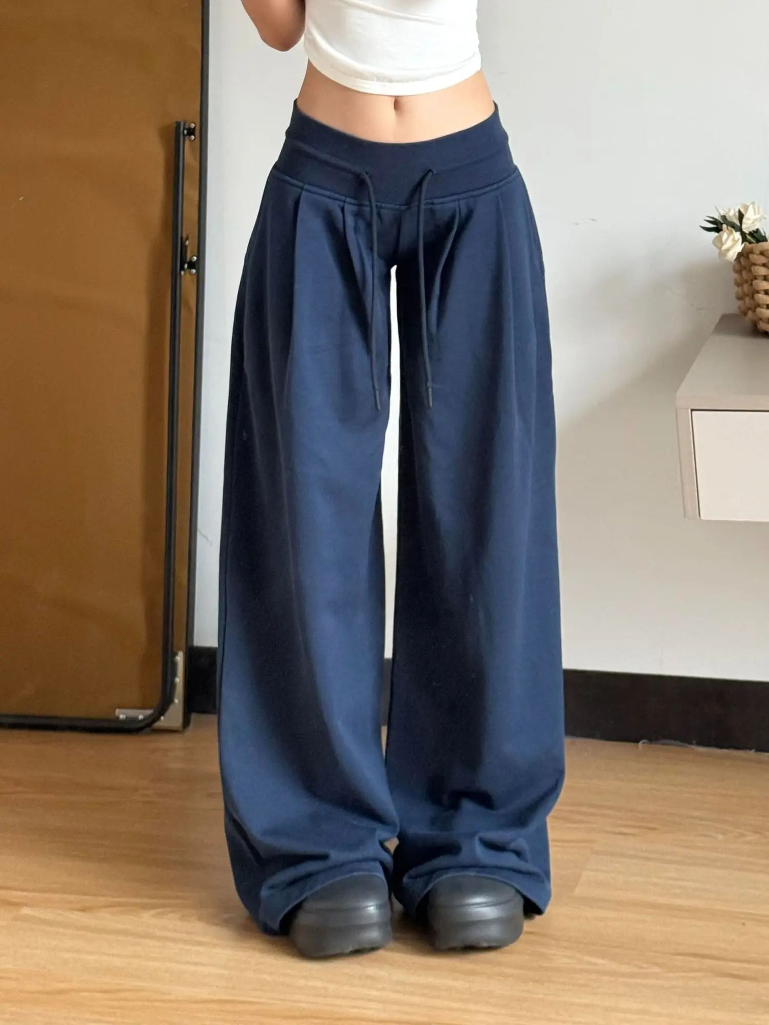 American Retro Loose Waist Drawstring Sports Sweatpants Women Summer Thin Casual Low Waist Loose Drapey Wide Leg Pants