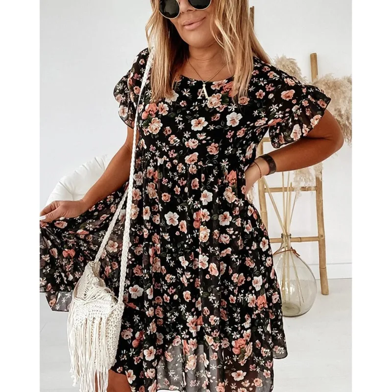 Zomer geplooide vrouwen chiffon jurken casual strand vakantie korte mouw vierkante kraag vrouw midi-jurk bohemien mujer vestidos