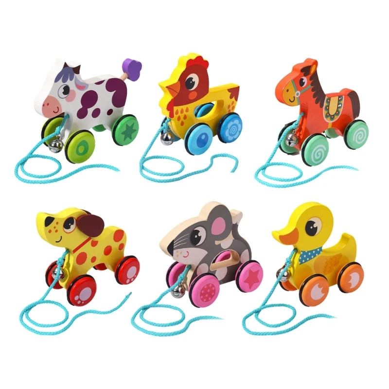 Colorful Pull-Along Wooden Pull Toddler Toy Cartoon Animal Pull Car Wooden Pull Along Toy Ringing Cart