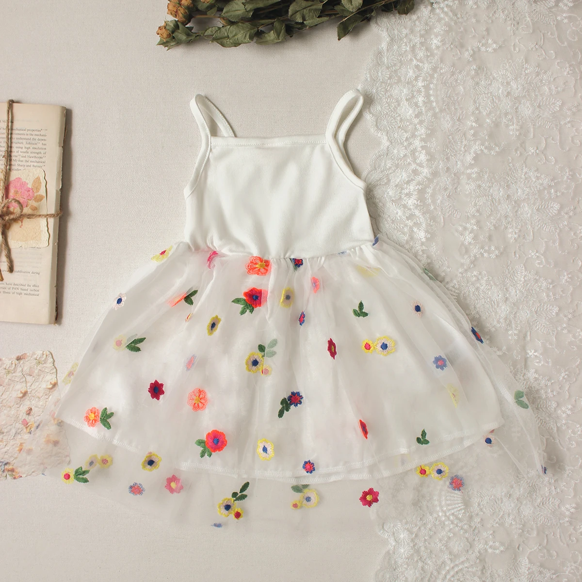 Cute Baby Girls Suspenders Dress Fuffy Tulle Tutu Princess Dress Summer Baby Girls Embroidery Flower Casual Wear 0-3Y