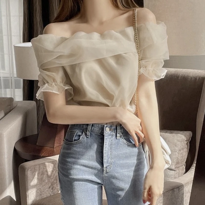 Chique Zomer Zachte Fee Een-schouder Slim Fit Pure Kleur Bubble Sve Dunne irt Dames Top Koreaanse Sle Pendelen Wind